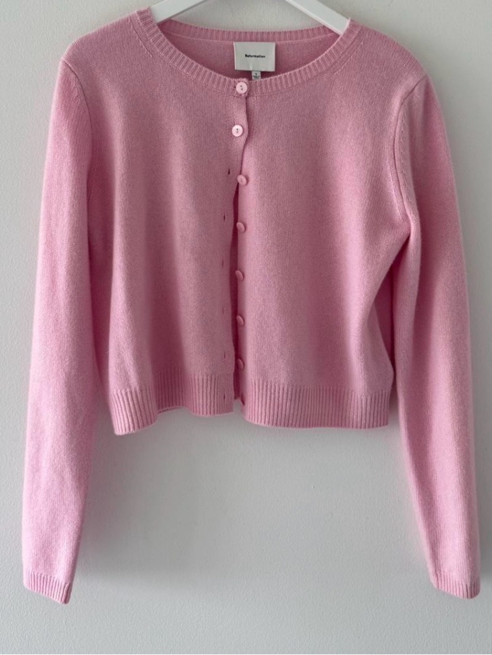 Reformation Pink Crewneck Button Cardigan